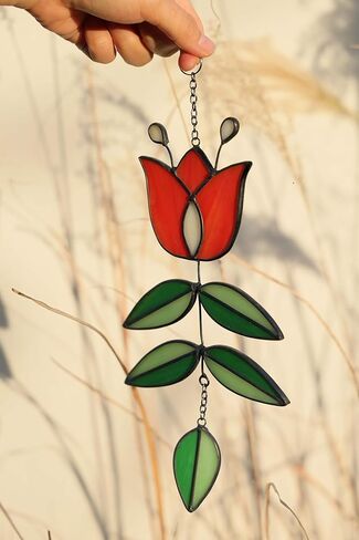 Vintage Flower Stained Glass Window Hanging, Mid Century Tulip Suncatcher, Modern Art with Folk Design, Handmade Sun Catcher Gifts for Plant Lovers, 9.4" x 4.7" in Saudi Arabia