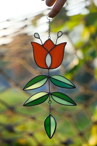 Vintage Flower Stained Glass Window Hanging, Mid Century Tulip Suncatcher, Modern Art with Folk Design, Handmade Sun Catcher Gifts for Plant Lovers, 9.4" x 4.7" in Saudi Arabia
