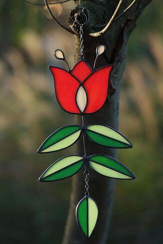 Vintage Flower Stained Glass Window Hanging, Mid Century Tulip Suncatcher, Modern Art with Folk Design, Handmade Sun Catcher Gifts for Plant Lovers, 9.4" x 4.7" in Saudi Arabia