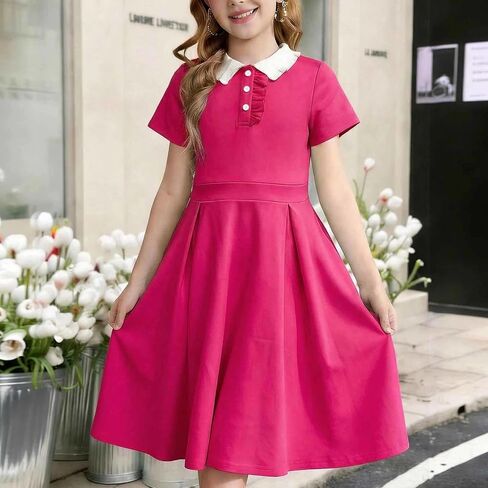 فستان بناتي بأكمام قصيرة وياقة بيتر بان وأزرار أمامية وياقة بيضاء وطيات على شكل حرف A ملابس بولو مدرسية in Saudi Arabia