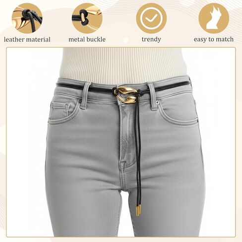 TIESOME Tie Belt, Rope Style Thin Black Leather Tie Belts With Gold Buckle, Boho Waist Belt For Dresses Skirts Jeans Pants, Adjustable Casual & Formal in Saudi Arabia