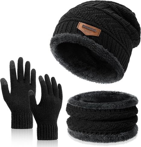Winter Beanie Hat Circle Scarves Touchscreen Gloves Set, Warm Thick Fleece Lined Skull Cap Gloves Neck Warmer for Women Men in Kuwait