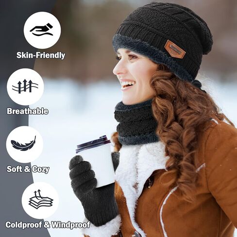 Winter Beanie Hat Circle Scarves Touchscreen Gloves Set, Warm Thick Fleece Lined Skull Cap Gloves Neck Warmer for Women Men in Saudi Arabia