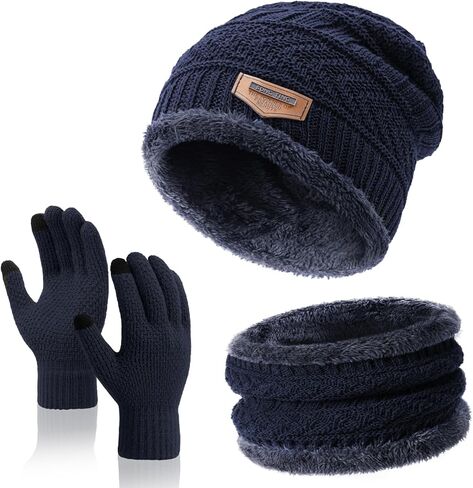 Winter Beanie Hat Circle Scarves Touchscreen Gloves Set, Warm Thick Fleece Lined Skull Cap Gloves Neck Warmer for Women Men in Saudi Arabia