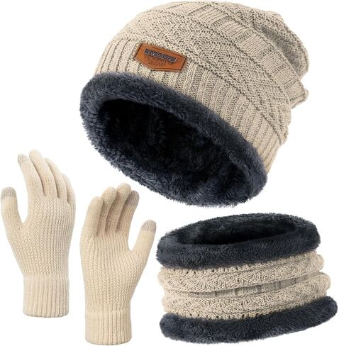 Winter Beanie Hat Circle Scarves Touchscreen Gloves Set, Warm Thick Fleece Lined Skull Cap Gloves Neck Warmer for Women Men in Saudi Arabia