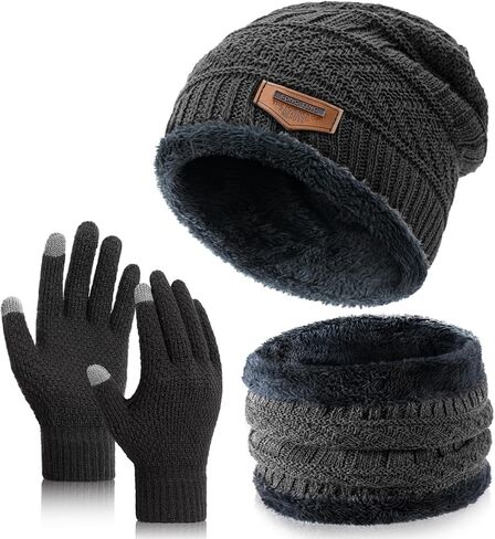 Winter Beanie Hat Circle Scarves Touchscreen Gloves Set, Warm Thick Fleece Lined Skull Cap Gloves Neck Warmer for Women Men in Saudi Arabia