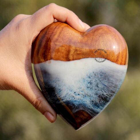 Ocean-Inspired Epoxy Resin Wooden Heart Urn Keepsake Urn for Human & Pet Ashes, Brown, Heart Pattern, 4x4x2 Inches, 6 Cubic Inches, Handcrafted Rosewood & Resin in Kuwait