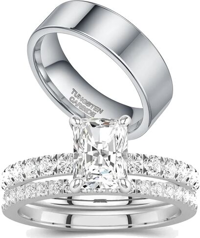 1CT Square CZ Wedding Ring Set for Women & Men Yellow Gold Plated Bridal Couple Rings Tungsten Ring Wedding Band in Saudi Arabia