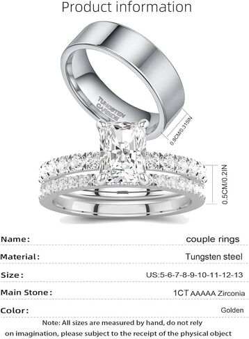 1CT Square CZ Wedding Ring Set for Women & Men Yellow Gold Plated Bridal Couple Rings Tungsten Ring Wedding Band in Saudi Arabia