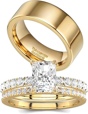 1CT Square CZ Wedding Ring Set for Women & Men Yellow Gold Plated Bridal Couple Rings Tungsten Ring Wedding Band in Saudi Arabia