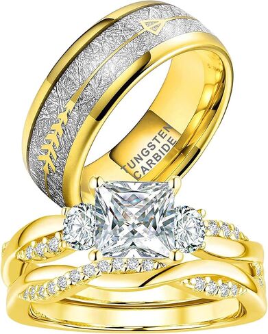1.5CT CZ Wedding Ring Set for Women & Men Yellow Gold Plated Bridal Couple Rings Tungsten Ring Wedding Band in Kuwait