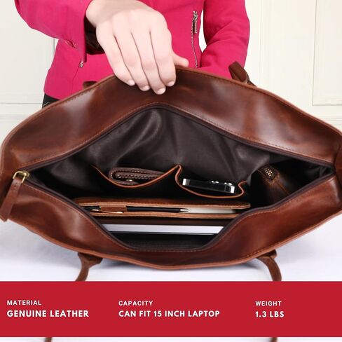 Tote Bag for Women Genuine Leather Laptop Office Shoulder Handbag Vintage Briefcase 15inch Computer Dark Brown in Kuwait