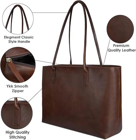 Tote Bag for Women Genuine Leather Laptop Office Shoulder Handbag Vintage Briefcase 15inch Computer Dark Brown in Kuwait