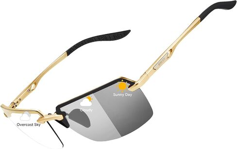 BIRCEN Mens Metal Photochromic Sunglasses: UV Protection Al-Mg Sun Glasses Ultra-light Rimless Shades for Driving Cycling in Kuwait