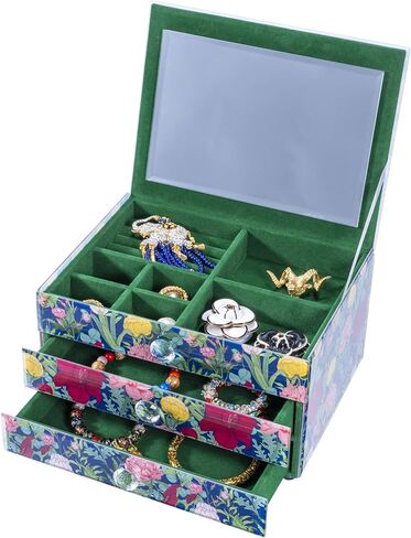 MAGRACE 3-Tier Jewelry Box with Mirror, Floral Glass Shell Jewelry Storage & Oragnizer with Flip Top & 2 Drawers, Green Velvet Lining, Vanity Countertop Decor (Medium) in Saudi Arabia
