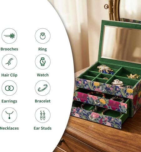 MAGRACE 3-Tier Jewelry Box with Mirror, Floral Glass Shell Jewelry Storage & Oragnizer with Flip Top & 2 Drawers, Green Velvet Lining, Vanity Countertop Decor (Medium) in Saudi Arabia