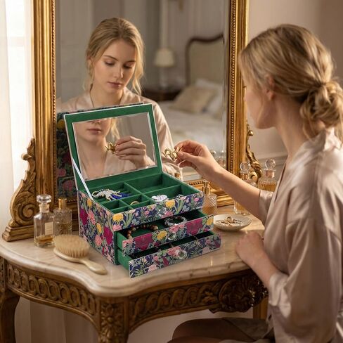 MAGRACE 3-Tier Jewelry Box with Mirror, Floral Glass Shell Jewelry Storage & Oragnizer with Flip Top & 2 Drawers, Green Velvet Lining, Vanity Countertop Decor (Medium) in Saudi Arabia