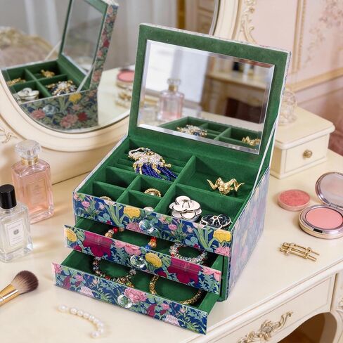 MAGRACE 3-Tier Jewelry Box with Mirror, Floral Glass Shell Jewelry Storage & Oragnizer with Flip Top & 2 Drawers, Green Velvet Lining, Vanity Countertop Decor (Medium) in Saudi Arabia