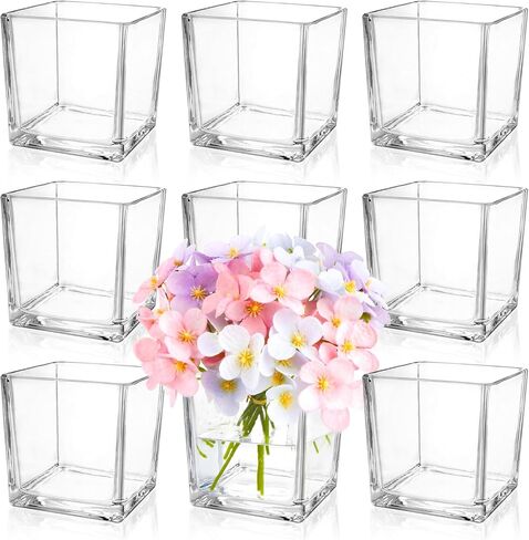 9 عبوات من المزهريات الزجاجية المربعة مقاس 4 × 4 × 4 بوصة، مزهرية زهور شفافة للقطع المركزية، حامل شموع لمناسبات الزفاف، ديكور المنزل in Kuwait