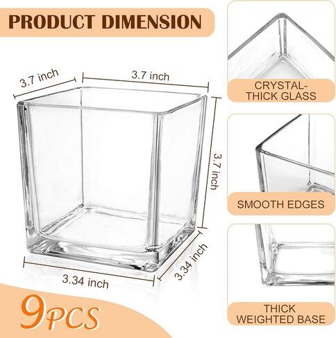 9 عبوات من المزهريات الزجاجية المربعة مقاس 4 × 4 × 4 بوصة، مزهرية زهور شفافة للقطع المركزية، حامل شموع لمناسبات الزفاف، ديكور المنزل in Kuwait