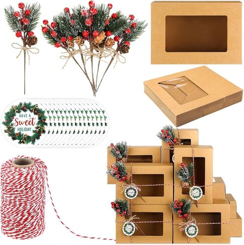 Shihanee 37 Pcs Christmas Cookie Boxes with Window Kraft Pastry Box with Artificial Pine Picks Gift Tags and Cotton Twine DIY Decorative Containers for Pastries, Cookies Gift-Giving Supplies(Rustic) in Kuwait