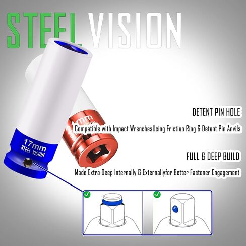 مجموعة مقابس صدمات صامولة المحرك مقاس 1/2 بوصة من Steel Vision، 7 قطع مترية 17، 19، 21، 22، 23، 24 و27 مم، مجموعة مقابس عجلات من سبائك Cr-Mo، مجموعة مقابس صدمات صمولة عميقة مرمزة بالألوان in Kuwait
