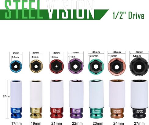 مجموعة مقابس صدمات صامولة المحرك مقاس 1/2 بوصة من Steel Vision، 7 قطع مترية 17، 19، 21، 22، 23، 24 و27 مم، مجموعة مقابس عجلات من سبائك Cr-Mo، مجموعة مقابس صدمات صمولة عميقة مرمزة بالألوان in Kuwait