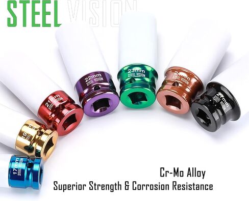 مجموعة مقابس صدمات صامولة المحرك مقاس 1/2 بوصة من Steel Vision، 7 قطع مترية 17، 19، 21، 22، 23، 24 و27 مم، مجموعة مقابس عجلات من سبائك Cr-Mo، مجموعة مقابس صدمات صمولة عميقة مرمزة بالألوان in Kuwait