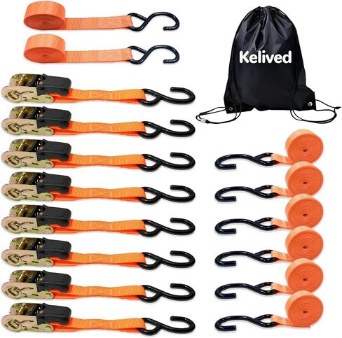 8PK Ratchet Tie Down Straps - 1in x 16feet, 880LBS Working Load & 1760LBS Break Strength, Wear-Resistant Webbing with Non-Slip Rubber Handle, S-Hooks & Storage Bag in Saudi Arabia