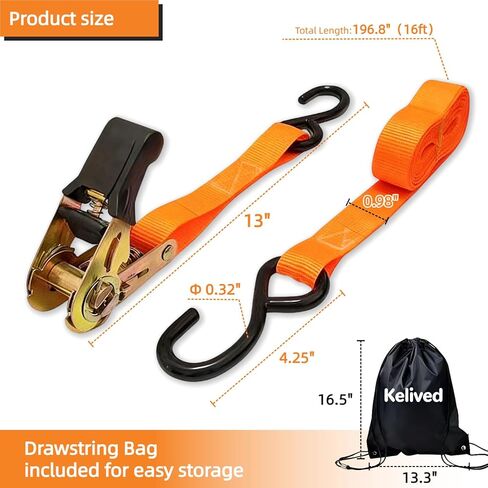 8PK Ratchet Tie Down Straps - 1in x 16feet, 880LBS Working Load & 1760LBS Break Strength, Wear-Resistant Webbing with Non-Slip Rubber Handle, S-Hooks & Storage Bag in Saudi Arabia