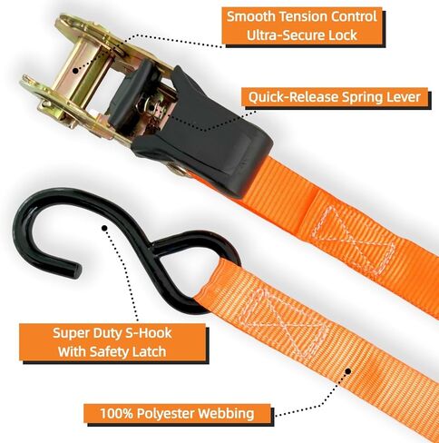 8PK Ratchet Tie Down Straps - 1in x 16feet, 880LBS Working Load & 1760LBS Break Strength, Wear-Resistant Webbing with Non-Slip Rubber Handle, S-Hooks & Storage Bag in Saudi Arabia