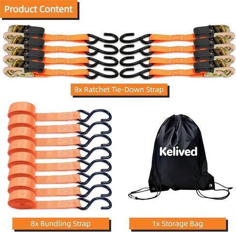 8PK Ratchet Tie Down Straps - 1in x 16feet, 880LBS Working Load & 1760LBS Break Strength, Wear-Resistant Webbing with Non-Slip Rubber Handle, S-Hooks & Storage Bag in Saudi Arabia