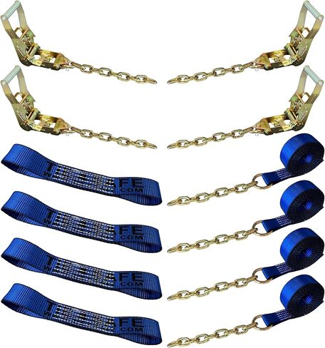 مجموعة أدوات ربط السيارة Mega Cargo Control ذات 8 نقاط مع وصلة سلسلة على كلا الطرفين للسحب، والسرير المسطح، وسحب السيارة - أشرطة سحب حمراء in Kuwait