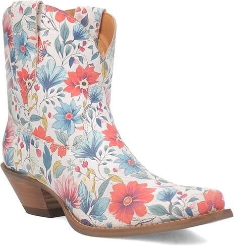 Dingo Womens Pixie Rose Floral Leather Slip Toe كاجوال بكعب متوسط ​​الساق وكعب منخفض 1-2 بوصة - أبيض in Kuwait