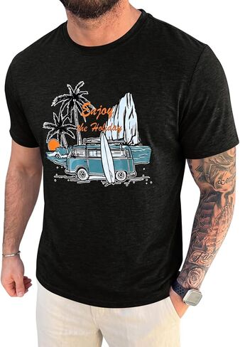 Runcati Mens Short Sleeve T-Shirts Graphic Crew Neck Casual Shirt Summer Beach Palm Tree Printed Vintage Hawaiian Tees in Saudi Arabia