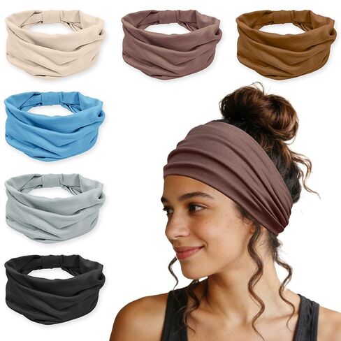 Wide Headbands for Women - 6 Pack Stretchy Soft Hair Bands for Workout, Yoga, Running, Makeup & Face Washing - Fashion Knotted Head Wraps & Hair Accessories in Kuwait