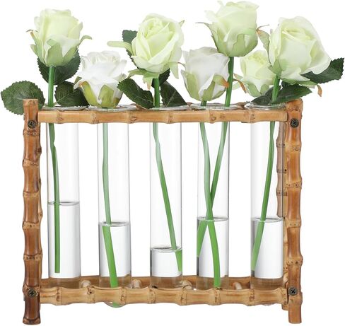 Natural Bamboo Vase with 5 Glass Tubes, Plant Propagation Station with Test Tube, Hydroponic Plants Cutting, Modern Art Decor Floral Display, Rectangular Planter for Home Decor Flower Holder in Kuwait