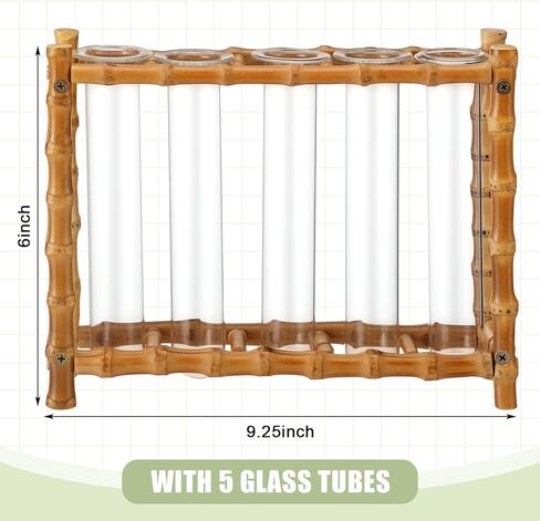 Natural Bamboo Vase with 5 Glass Tubes, Plant Propagation Station with Test Tube, Hydroponic Plants Cutting, Modern Art Decor Floral Display, Rectangular Planter for Home Decor Flower Holder in Kuwait