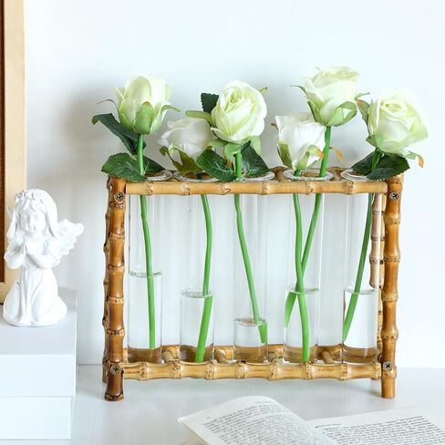 Natural Bamboo Vase with 5 Glass Tubes, Plant Propagation Station with Test Tube, Hydroponic Plants Cutting, Modern Art Decor Floral Display, Rectangular Planter for Home Decor Flower Holder in Kuwait