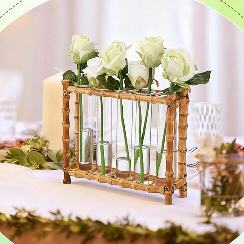 Natural Bamboo Vase with 5 Glass Tubes, Plant Propagation Station with Test Tube, Hydroponic Plants Cutting, Modern Art Decor Floral Display, Rectangular Planter for Home Decor Flower Holder in Kuwait