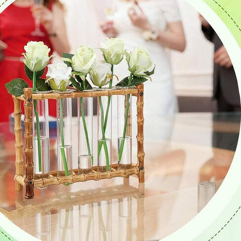 Natural Bamboo Vase with 5 Glass Tubes, Plant Propagation Station with Test Tube, Hydroponic Plants Cutting, Modern Art Decor Floral Display, Rectangular Planter for Home Decor Flower Holder in Kuwait