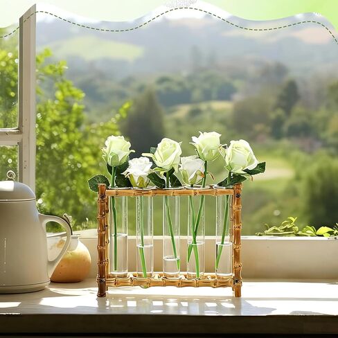 Natural Bamboo Vase with 5 Glass Tubes, Plant Propagation Station with Test Tube, Hydroponic Plants Cutting, Modern Art Decor Floral Display, Rectangular Planter for Home Decor Flower Holder in Kuwait