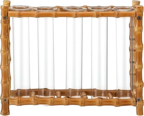 Natural Bamboo Vase with 5 Glass Tubes, Plant Propagation Station with Test Tube, Hydroponic Plants Cutting, Modern Art Decor Floral Display, Rectangular Planter for Home Decor Flower Holder in Kuwait