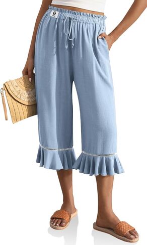 TARSE Women’s Linen Capri Pants High Waisted Lightweight Drawstring Wide Leg Flared Ruffle Hem Palazzo Pants with Pocket in Kuwait