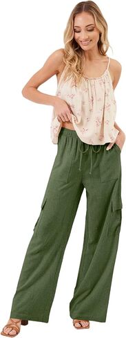 Beautiful Nomad Women's Linen Cargo Pants Casual High Waisted Wide Leg Pant Baggy Trousers with Pockets Green in Kuwait