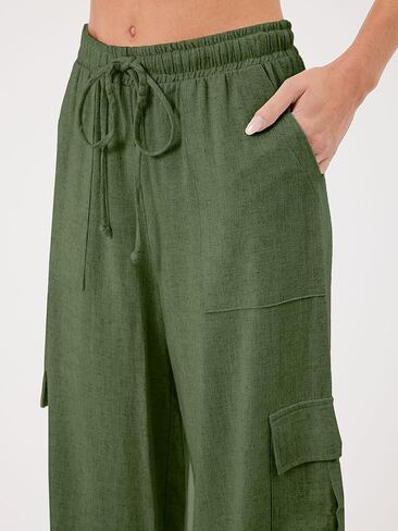 Beautiful Nomad Women's Linen Cargo Pants Casual High Waisted Wide Leg Pant Baggy Trousers with Pockets Green in Kuwait