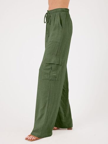 Beautiful Nomad Women's Linen Cargo Pants Casual High Waisted Wide Leg Pant Baggy Trousers with Pockets Green in Kuwait