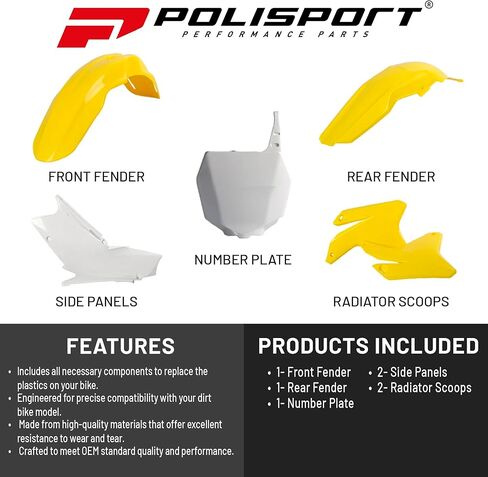 Polisport Motocross (MX) Replica Plastic Kit for Suzuki RMZ 450 (2005-06) Dirt Bike – OEM Quality, Durable, Flexible & Perfect Fit – Yellow/White in Kuwait