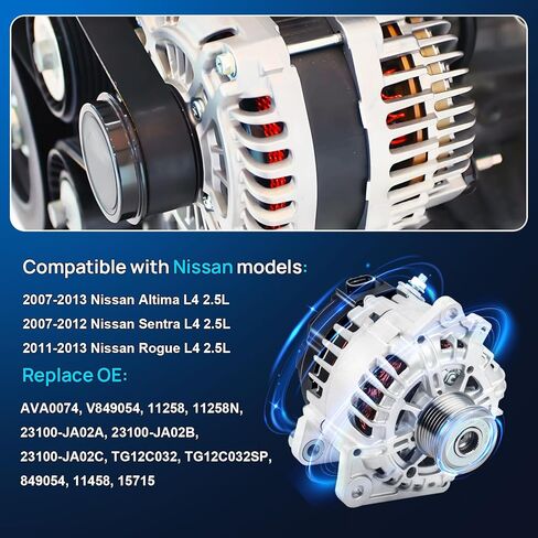 New Alternator Fits for 2007-2013 Nissan Altima L4 2.5L, 2007-2012 Sentra, 2011-2013 Rogue, 2007 2008 2009 2010 2011 2012, 110A High Output Alternator AVA0074, 11258N, 11258, 23100-JA02A, 23100-JA02B in Saudi Arabia
