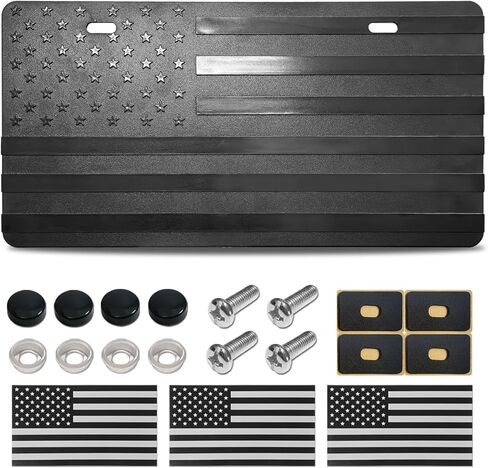 American Flag Front License Plate - Black Plastic 3D Embossed Patriotic USA Flag for 2-Hole Bumper Mount, Car Tag with Screws & Caps in Saudi Arabia